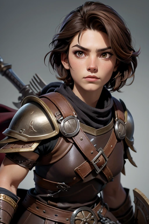 viking, warrior with short brown hair and brown eyes in leather armor. No background. Fury.