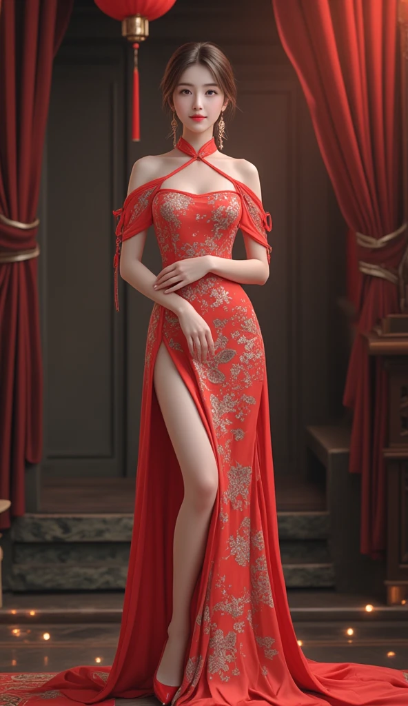 Cheongsam with slit、1girl in、full body Esbian、A sexy、20yr old、cleavage of the breast、makeup、
