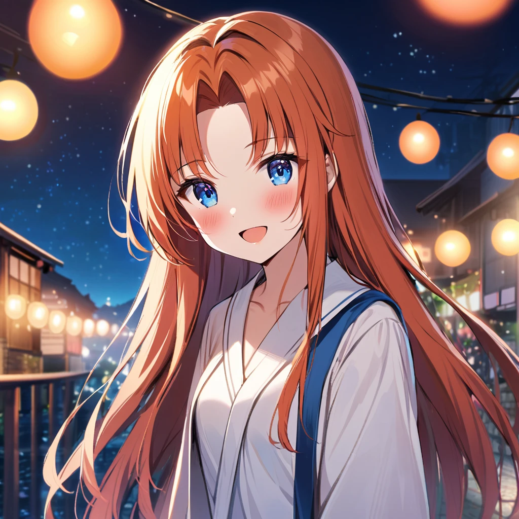 one girl, Ryuuguu_Rena cute, Orange hair, blue ocean eyes, open mouth smile, blush,  small breasts , neckline .school uniform clothing,  traditional japanese town, midnight sky, bokeh, red lantern lights, light orbs