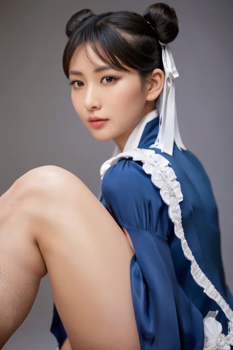 portrait of Chun-Li from Street Fighter, wearing a traditional blue qipao-inspired outfit with white trim and gold accents, high slit design on the sides, her hair styled in iconic twin buns with white ribbons and spiked bracelets, soft fabric texture on her outfit with a satin sheen, realistic skin texture, wearing sheer thigh-high stockings with subtle shimmer, powerful yet elegant pose, ultra-detailed accessories, close-up on facial expression with soft lighting, background with delicate fabric drapery, Canon EOS R5, 85mm lens, hyper-realistic, photorealistic --style raw --s 400 --ar 4:3 --v 6
