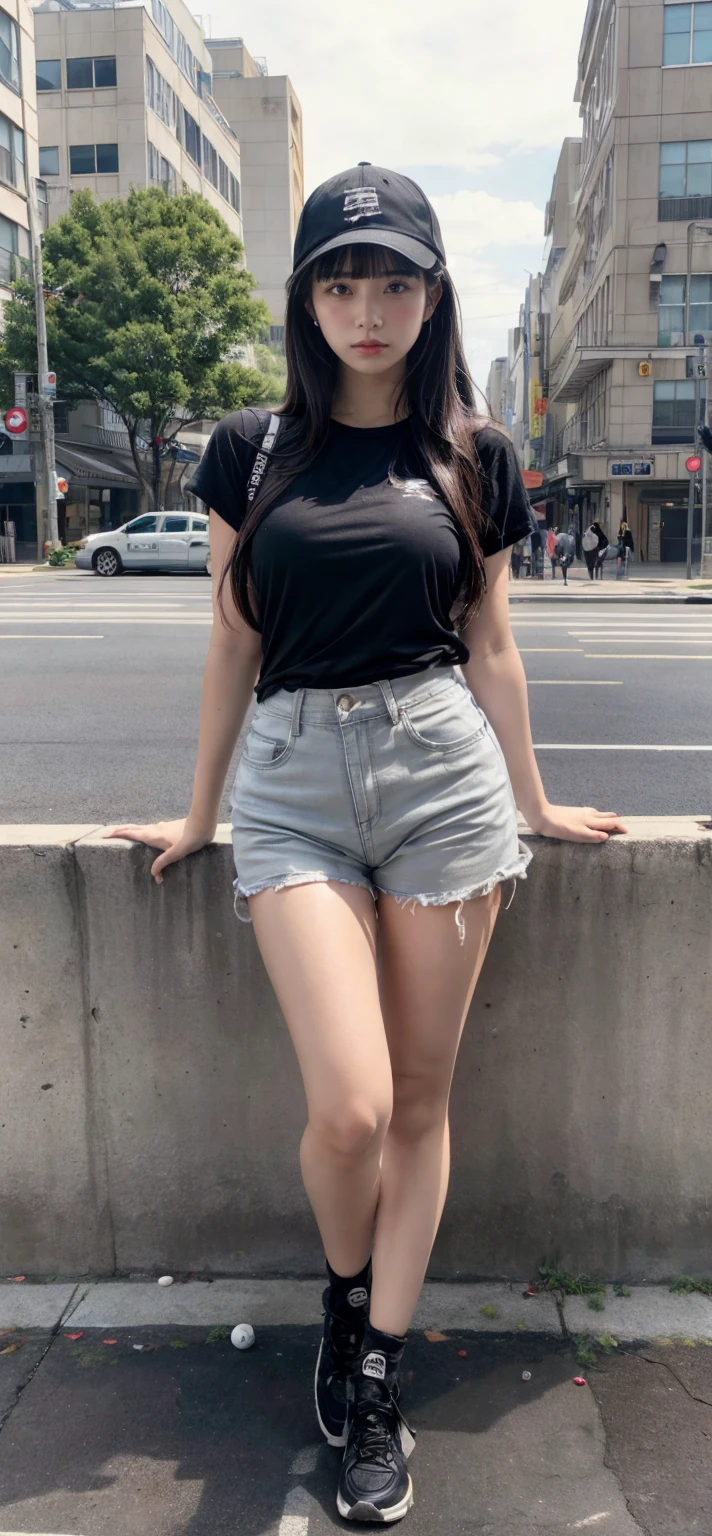 ((Best quality, 8k, Masterpiece :1.3)), Sharp focus, upper body:1.2, A pretty woman with perfect figure :1.4, Slender abs :1.1, ((black hair)), (t-shirt, jean shorts skirt, sneakers, standing:1.2), ((sidewalk:1.3)), Highly detailed face and skin texture, Detailed eyes, Double eyelid,