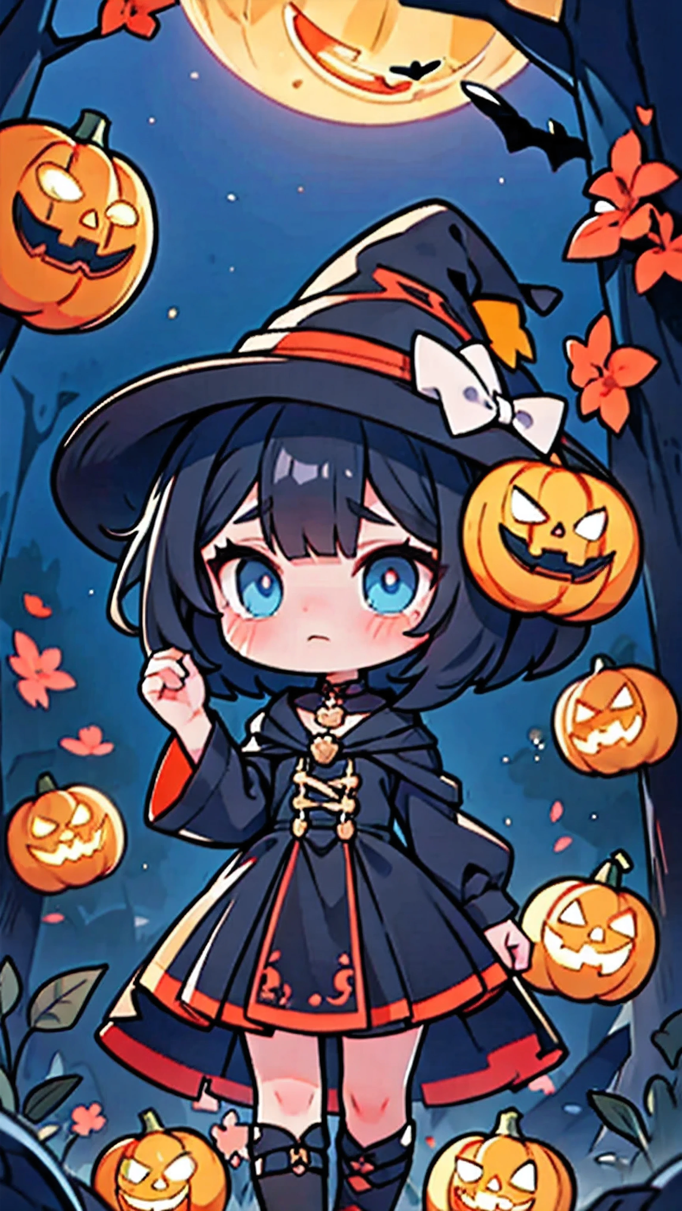 1girl,Black Hair,Dog Ears,Bob,Big Eyes,  blue eyes  ,Droopy eyes, Art ,witch, Another world,8k,  movie writing  ,High image quality,,tears,cry,Very scared , open your mouth wide, jack o' lantern 