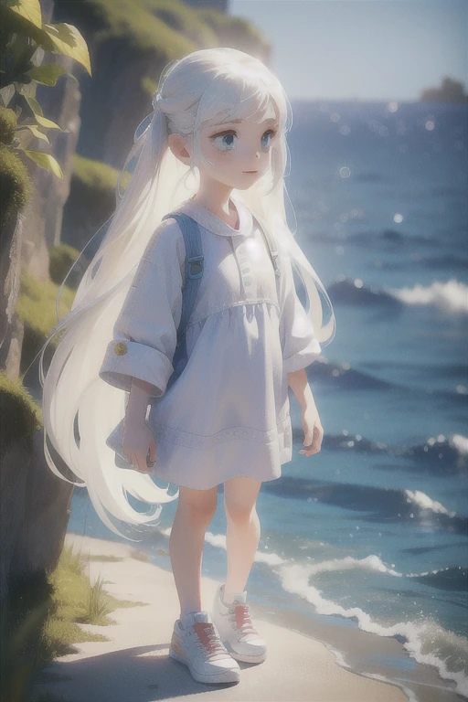 photorealistic,realistic,photography,masterpiece,best quality,ultra-detailed,1girl,full body,white dress,long white hair,by the sea,sneakers,chibi,