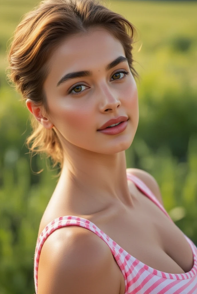 beautiful detailed eyes, beautiful detailed lips, extremely detailed eyes and face, long eyelashes, 1girl, short sleeve crop top, pink and white striped top, blue denim shorts, green grass field, sunlight, warm color tone, golden hour, realistic, photorealistic, photo-realistic:1.37, best quality, 4k, 8k, highres, masterpiece:1.2, ultra-detailed, vivid colors, physically-based rendering, portrait