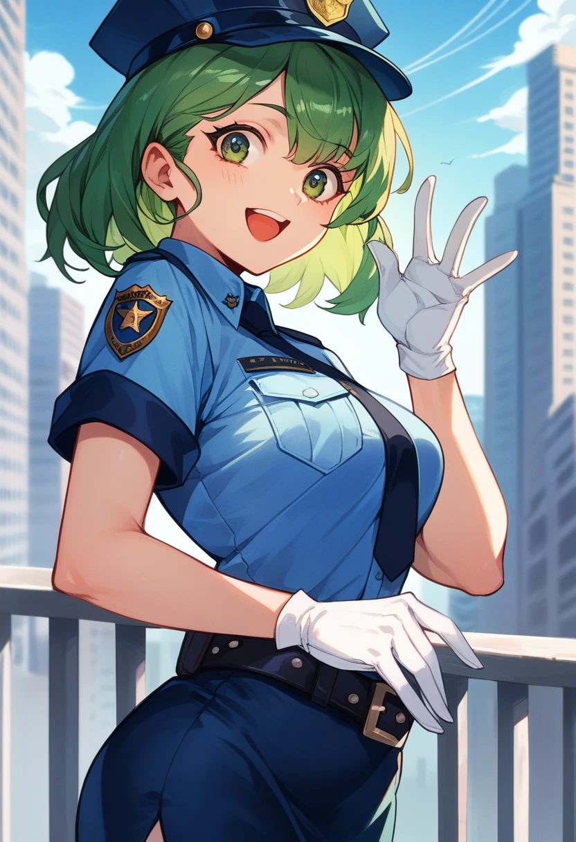 score_9, score_8_up, score_7_up, score_6_up, source_anime, BREAK 1girl pkmnJenny, green hair, blue hat, police uniform, blue shirt, short sleeves, belt, pencil skirt, white gloves, looking at viewer, happy, city, blue sky, upper body,