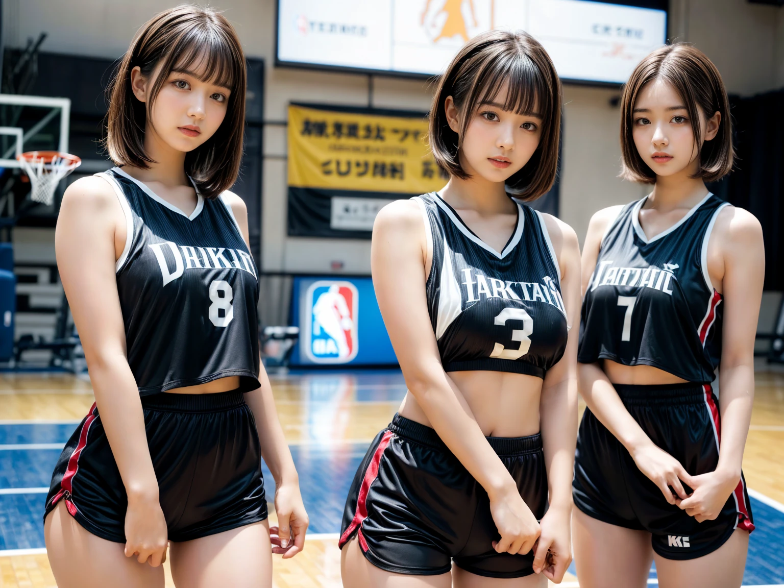 A hot and sexy basketball player with her hands up and showing her armpits