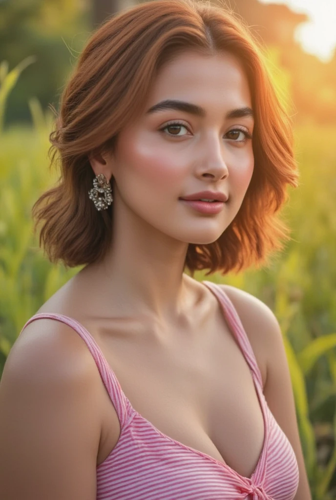 beautiful detailed eyes, beautiful detailed lips, extremely detailed eyes and face, long eyelashes, 1girl, short sleeve crop top, pink and white striped top, blue denim shorts, green grass field, sunlight, warm color tone, golden hour, realistic, photorealistic, photo-realistic:1.37, best quality, 4k, 8k, highres, masterpiece:1.2, ultra-detailed, vivid colors, physically-based rendering, portrait