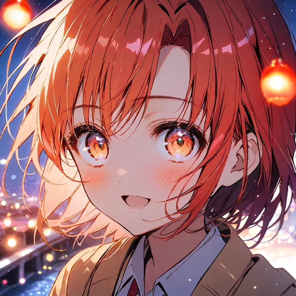 one girl, Ryuuguu_Rena cute, Short Orange hair, blue ocean eyes, open mouth smile, blush,  small breasts , neckline .school uniform clothing,  traditional japanese town, midnight sky, bokeh, red lantern lights, light orbs