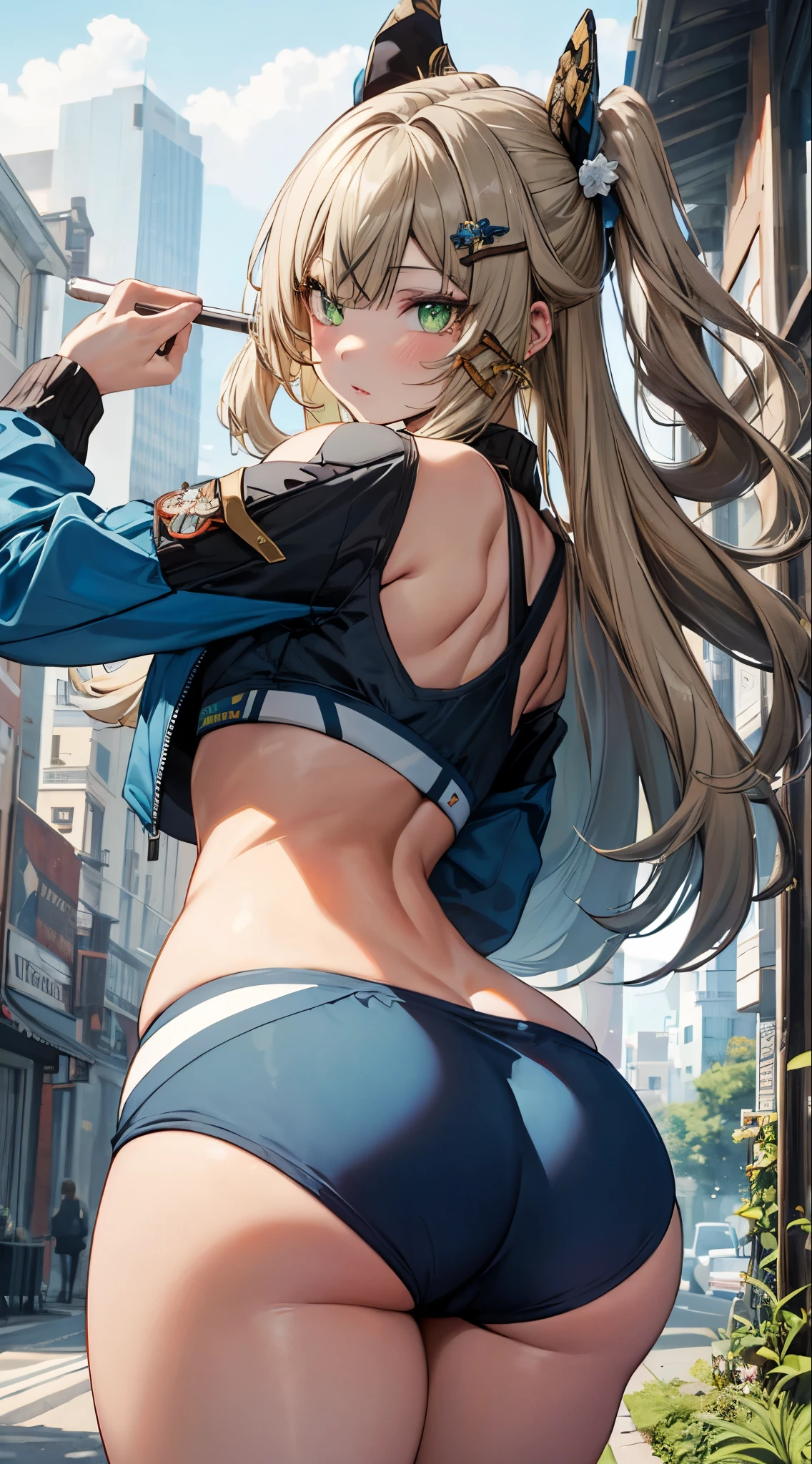 
kirara, genshin impact,1 girl, green eyes, blonde hair hair ornament, bare shoulders, black crop top,green jacket, Sportswear shorts, standing, outdoors, masterpiece, Noise Reduction, perfect anatomy, high resolution, ultra-detailed, ultra-detailed face ,beautiful detailed eyes, perfect body, visual art, sparkling pupils, looking back at viewer, (((big ass)))
