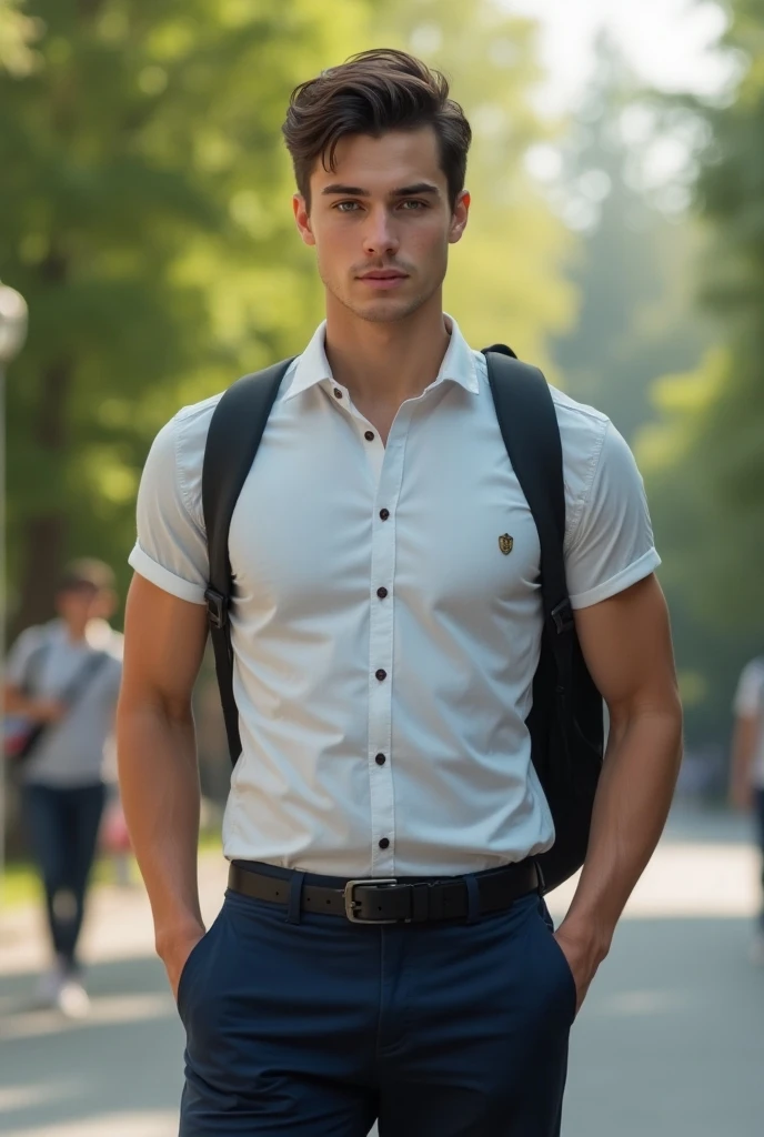 A student boy with bag white shirt open buttons chest and abs sexy look upto leg no clothes , almost a zip open , no pents , no underware , totally nude, with a penis, 18+, adult