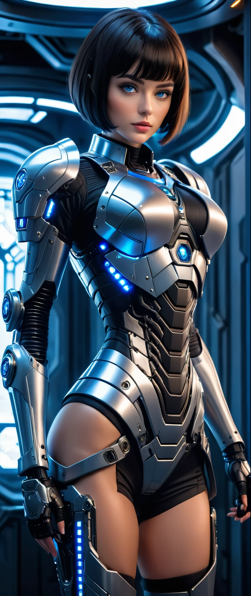 ( best quality , 4K, 8k, High Resolution , masterpiece: 1.2), ( very detailed , Realistic, Realistic:1.37), a woman in a futuristic costume , exoskeleton cyber armor with bangs , Women in Bodycon Armor 、(( She Has a Plasma Gun in Her Hand )), Full body images, Maximum details, High quality , 8k,Chest, blue eyes , High Resolution , 超 High Resolution , best quality , ((( bob cut short hair ))),Bob Hair, Big Chest, Cinematic Lighting Effects , beautiful dark-haired woman, blue eyes , Women in Cyber Style , ((Advanced spacecraft interior)), High quality images,