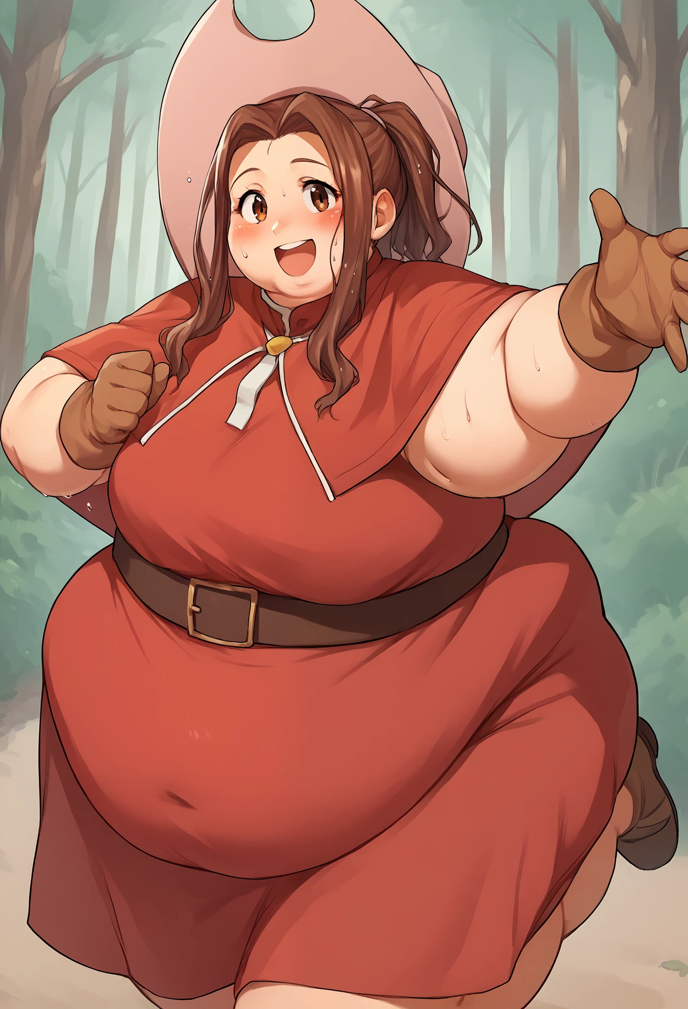 1girl, mimi, long hair, sidelocks, ponytail, brown eyes, red dress, capelet, brown gloves, belt, skirt, cowboy hat, reaching towards viewer, smile, open mouth, blushing, outdoors, forest, wet hair, sweat score_9, score_8_up, score_7_up, score_6_up, score_5_up, score_4_up, BREAK source_anime, masterpiece, gigantic arms and legs, fat, chubby, obese