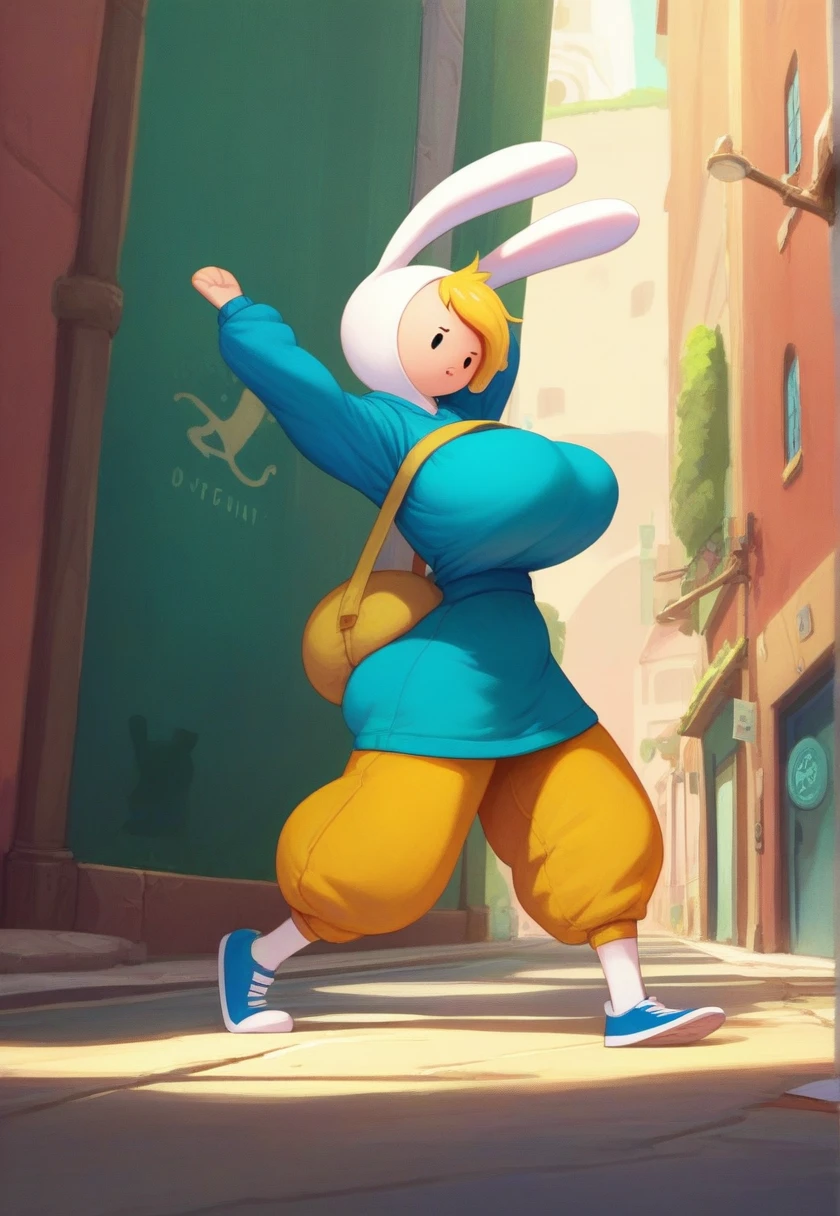 D-ART Style,F10nn41,girl,Alone,fionna the human girl,Adventure Time,Adventure Time,(((hyper big breats))), city in the background, dynamic pose, cinematic, DETAILED, sagging breasts