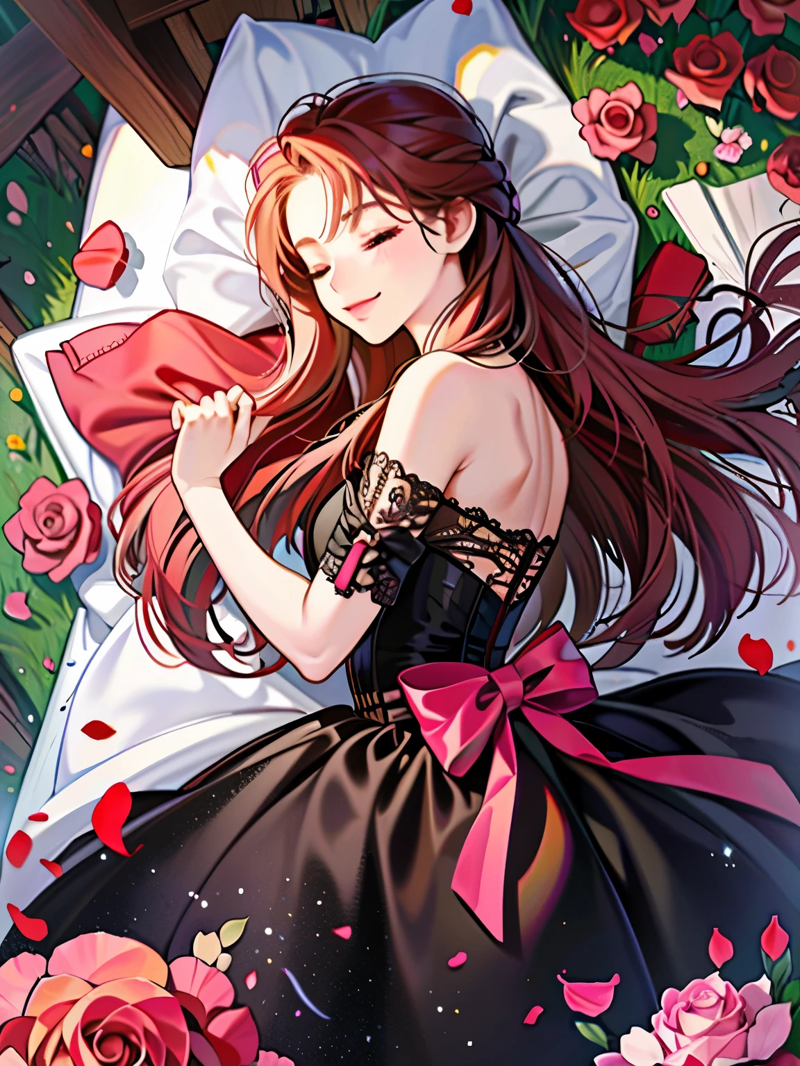 Buried with many roses, a girl, teenager, happy, smiling, eyes closed, tall, slender, dress, lying on back, in the rose garden
, mystical atmosphere, cowboy shot, from side, from above, bloom, rose