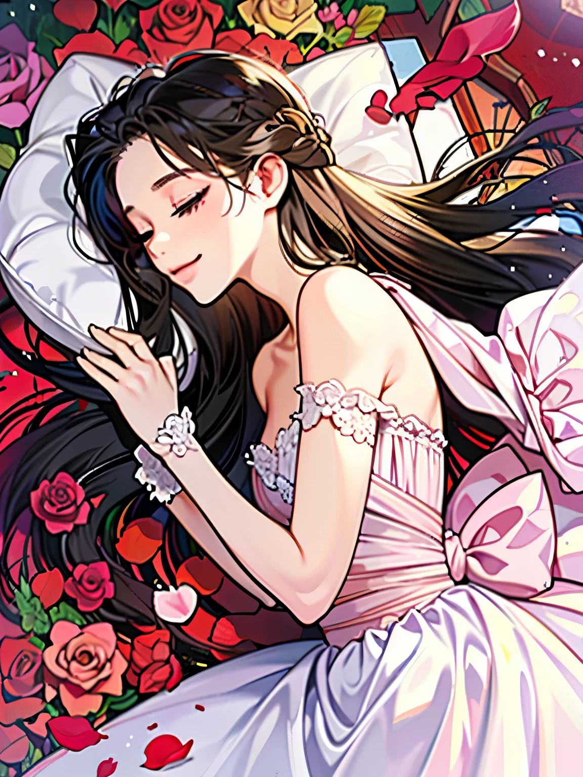 Buried with many roses, a girl, teenager, happy, smiling, eyes closed, tall, slender, dress, lying on back, in the rose garden
, mystical atmosphere, cowboy shot, from side, from above, bloom, rose