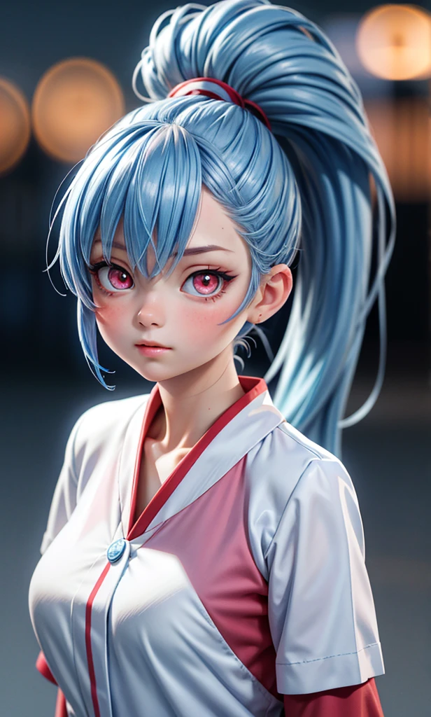 Excellent, masterpiece, blue-hair, red-eyes, white clothes, looking up, upper body, hair, fair skin, double ponytail, depth of field, detailed face, Focus, bokeh, potrait,