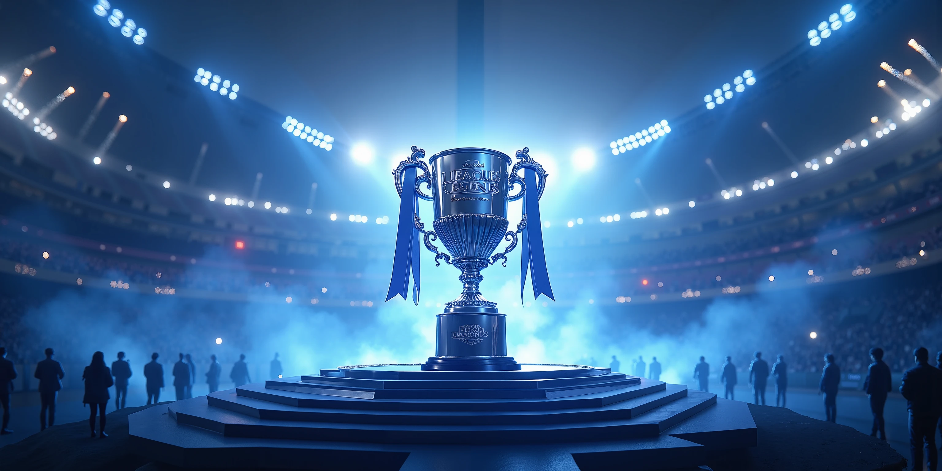 C4D modeling,OC rendering,3D Style,Low angle view , a silver trophy in the center of the stadium stage,Center of the venue stage, The top light hits the trophy, League of Legends e-sports game scene , conceptual art, League of Legends Champion ,Blue tint,Double Exposure,ribbon,Wide-angle lens,Dark corner , high contrast ,Fireworks,Light spot,fireworks