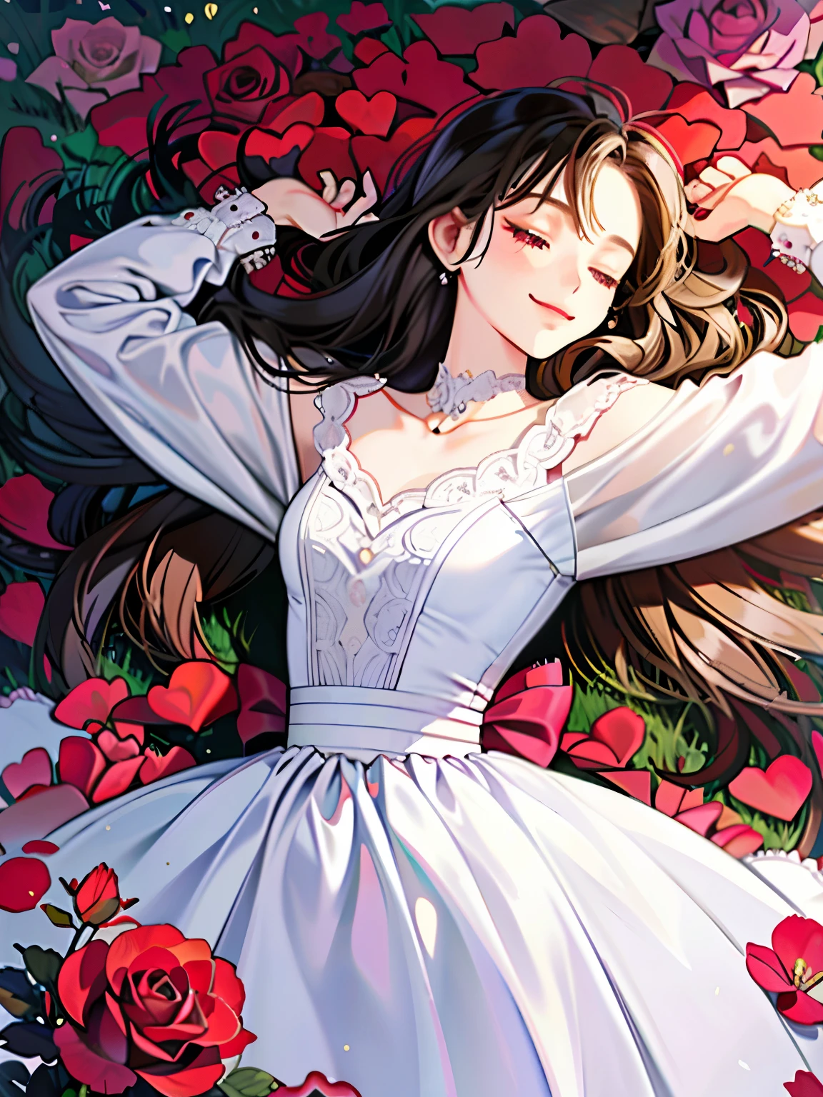 Buried with many roses, a girl, ager, happy, smiling, eyes closed, tall, slender, dress, lying on back, in the rose garden
, mystical atmosphere, cowboy shot, from side, from above, bloom, rose