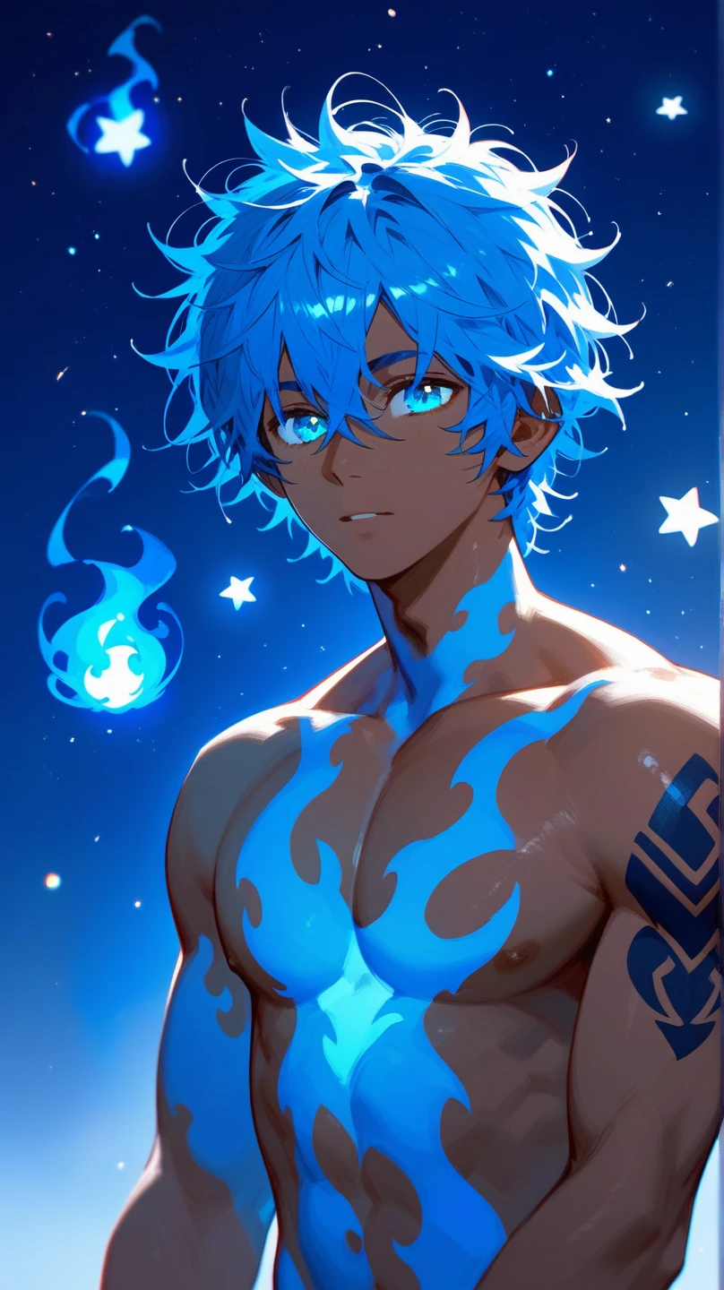 Teenage boy, spiky hair, long hair, bright blue hair, shining blue eyes, blue fur, pair of horns with blue flames, serious face, Simple smile, bare chest with several tattoos on the body, Pair of Dragon Wings, blue electric aura