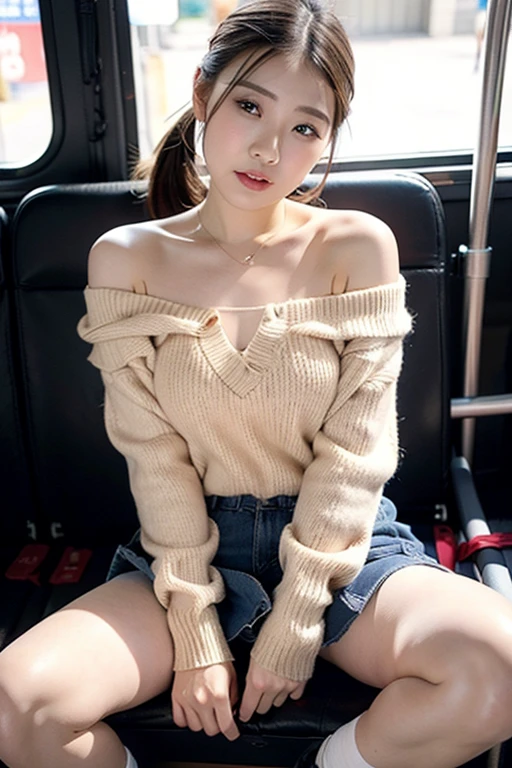      Facing up with a beautiful Japanese woman  、Sleeping on the bus、(  embarrassing)、((  Wearing a Miniskirt  ))、Off-the-shoulder sweater  、  sexy thighs 、  part of her white panties is visible、,   View from below the front 、    beautiful small breasts、Small cleavage、   anatomically accurate  ,      Textured Skin   ,    high resolution models from women ,  ponytail、Show your amount、Open your legs a little、 perfect style that made me blush、