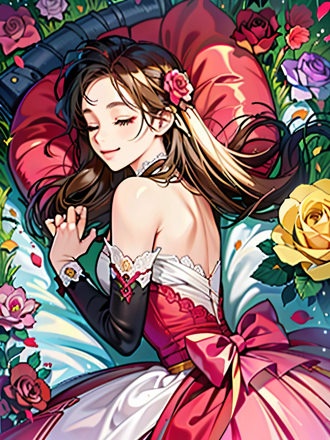 Buried with many roses, a girl, teenager, happy, smiling, eyes closed, tall, slender, dress, lying on back, in the rose garden
, mystical atmosphere, cowboy shot, from side, from above, bloom, rose