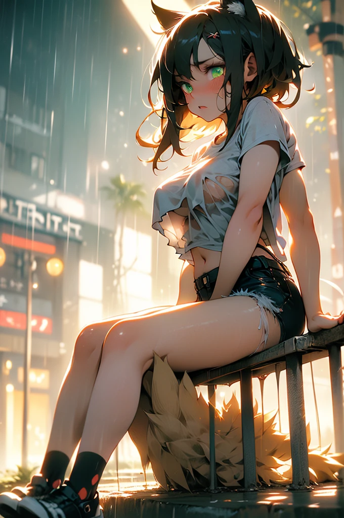 19 years old + weighs 40 lbs + 111 cm tall + 44 inches tall + Catgirl + torn t-shirt + short shorts + green eyes + sitting on the sidewalk at night + raining