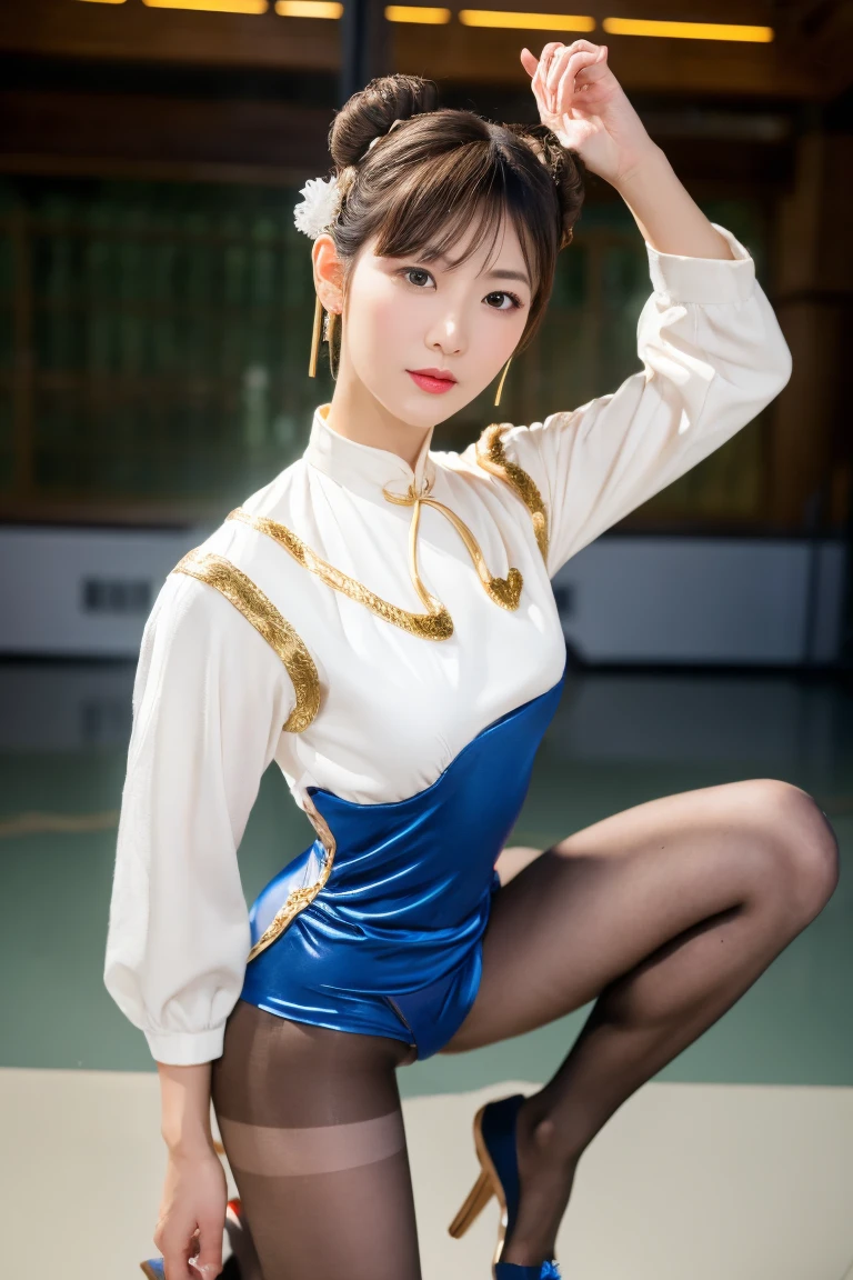 Street Fighter character Chun Li， wearing a classic blue cheongsam STYLE CLOTHING ， white trim and gold embellishment ， high slit design ，The hair is combed into the iconic double ball head and wrapped in a white cloth， with white ribbon hair accessories and spiked bracelet ， The costume has a soft satin luster ，Delicate skin texture， wearing transparent knee-length stockings with shimmer ， elegant and powerful posture ， ultra-fine jewelry ， facial expressions close-up ，Soft Light，(((Half-length portrait, black pantyhose ,fighting stance))) The background is a delicate drapery decoration ， Canon EOS R5 camera ，85mm lens ，Ultra-realistic， PHOTO QUALITY DETAILS --style raw --s 400 --ar 4:3 -- in 6
