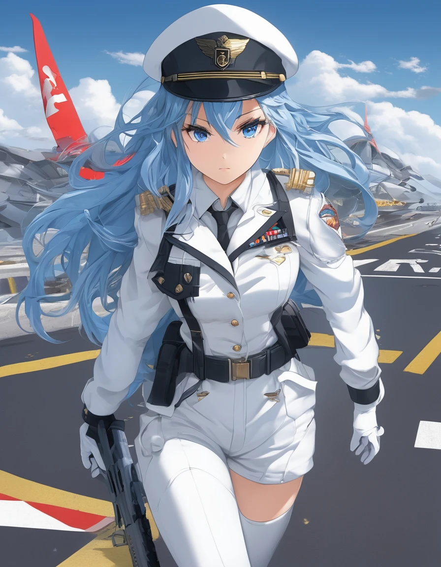 score_9, score_8_above, score_7_above, source_ anime PAUSA 1girl, Alone,  blue hair, long hair, Braid, peaked cap, Blue eyes, roads,  Military Uniform, white jacket, bracelet,  White gloves ,  belt, white pants, thighs,  big breasts 