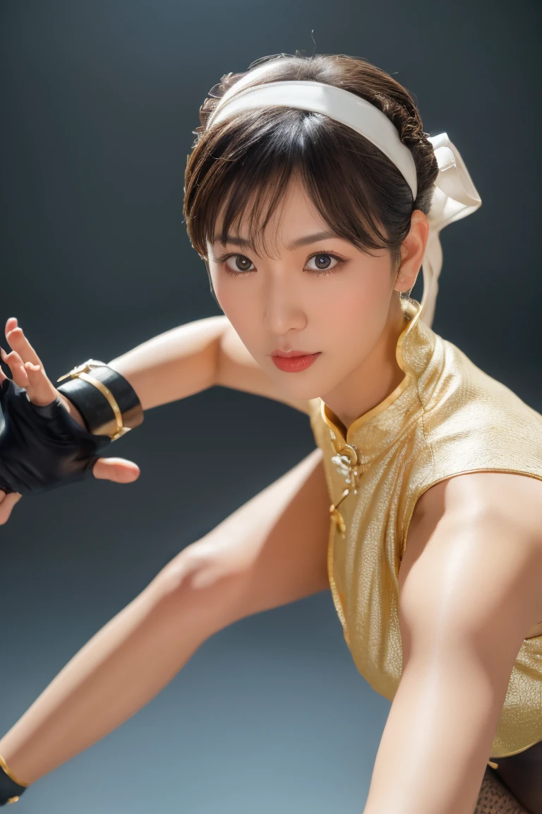 Street Fighter character Chun Li， wearing a classic blue cheongsam STYLE CLOTHING ， white trim and gold embellishment ， high slit design ，The hair is combed into the iconic double ball head and wrapped in a white cloth， with white ribbon hair accessories and spiked bracelet ， The costume has a soft satin luster ，Delicate skin texture， wearing transparent knee-length stockings with shimmer ， elegant and powerful posture ， ultra-fine jewelry ， facial expressions close-up ，Soft Light，(((Half-length portrait, black pantyhose ,fighting stance))) The background is a delicate drapery decoration ， Canon EOS R5 camera ，85mm lens ，Ultra-realistic， PHOTO QUALITY DETAILS --style raw --s 400 --ar 4:3 -- in 6
