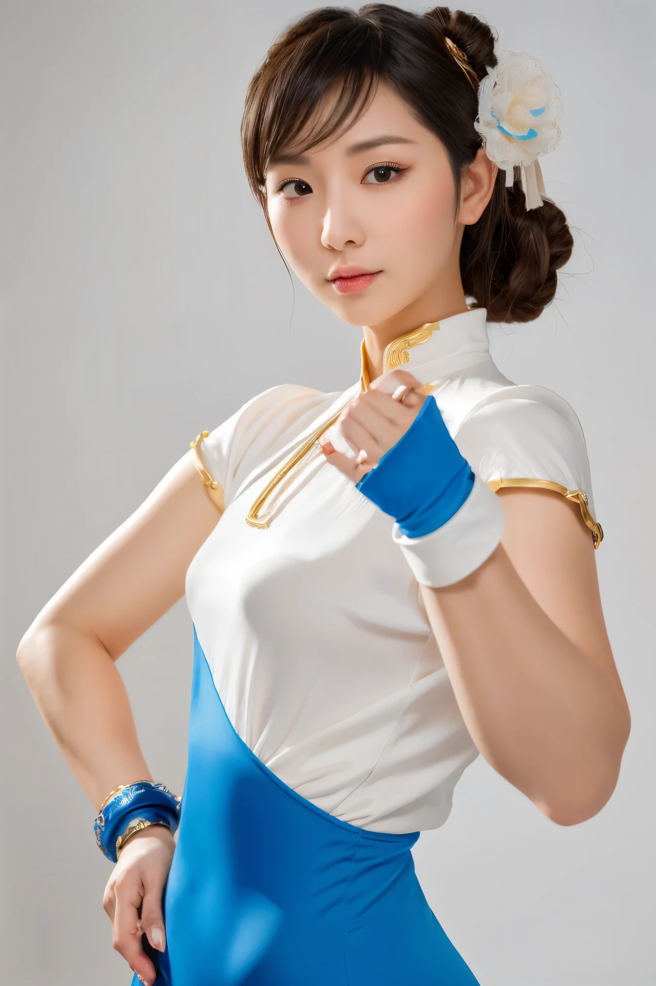 Street Fighter character Chun Li， wearing a classic blue cheongsam STYLE CLOTHING ， white trim and gold embellishment ， high slit design ，The hair is combed into the iconic double ball head and wrapped in a white cloth， with white ribbon hair accessories and spiked bracelet ， The costume has a soft satin luster ，Delicate skin texture， wearing transparent knee-length stockings with shimmer ， elegant and powerful posture ， ultra-fine jewelry ， facial expressions close-up ，Soft Light，(((Half-length portrait, black pantyhose ,fighting stance))) The background is a delicate drapery decoration ， Canon EOS R5 camera ，85mm lens ，Ultra-realistic， PHOTO QUALITY DETAILS --style raw --s 400 --ar 4:3 -- in 6
