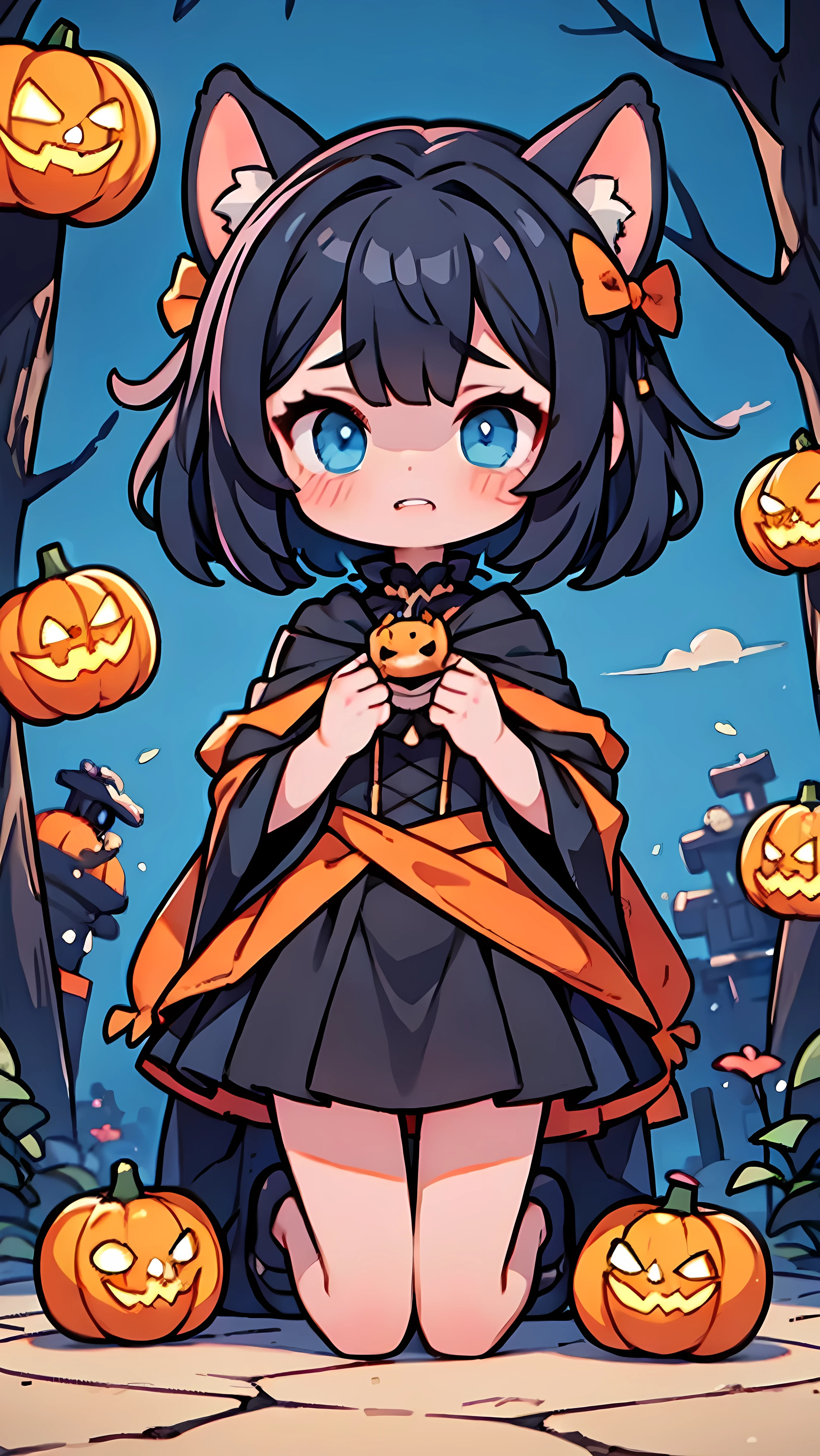 1girl,Black Hair,Dog Ears,Bob,Big Eyes,  blue eyes  ,Droopy eyes, Art ,witch, Another world,8k,  movie writing  ,High image quality,,tears,cry,Very scared , open your mouth wide, jack o' lantern 