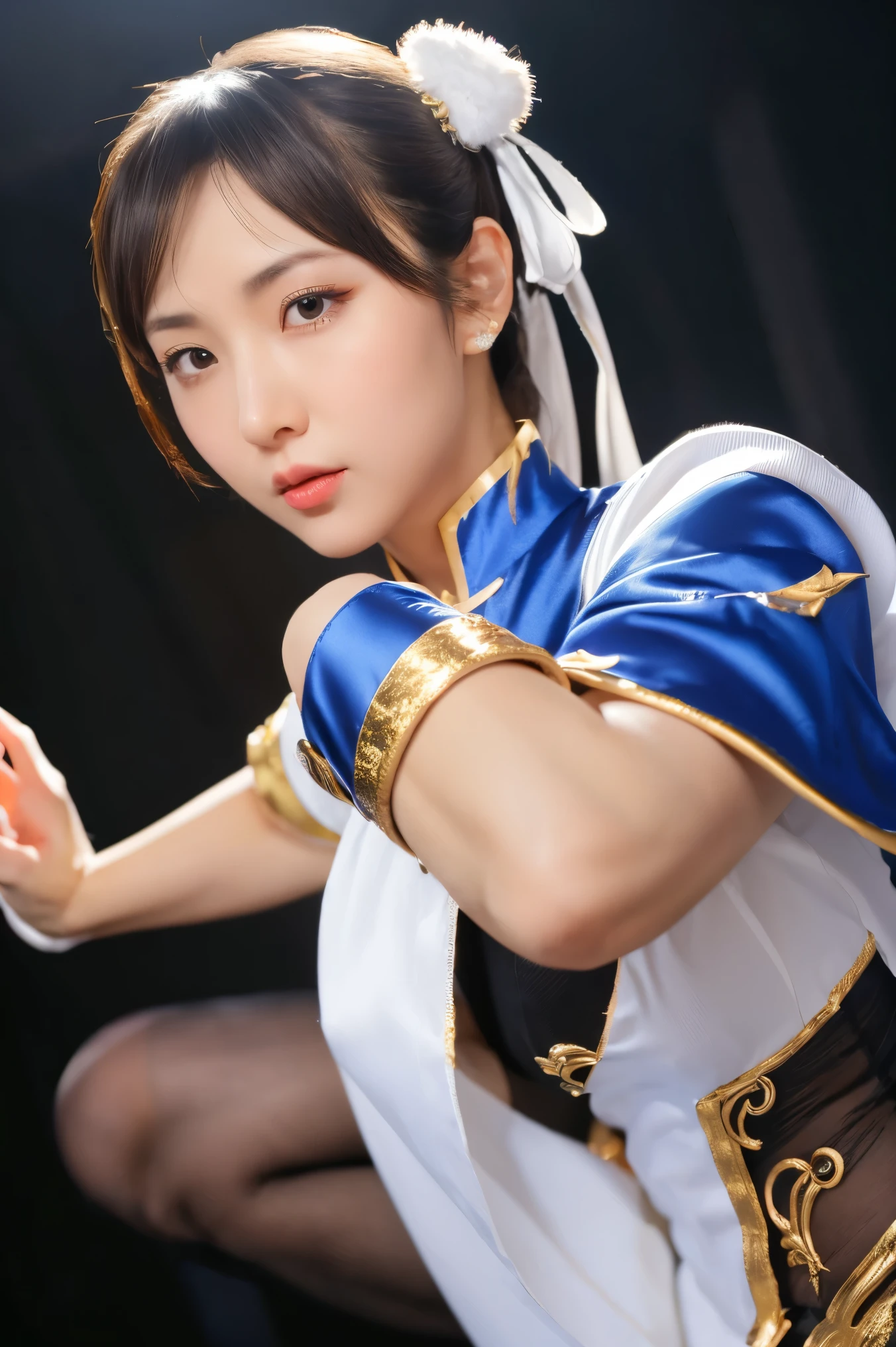 Street Fighter character Chun Li， wearing a classic blue cheongsam STYLE CLOTHING ， white trim and gold embellishment ， high slit design ，The hair is combed into the iconic double ball head and wrapped in a white cloth， with white ribbon hair accessories and spiked bracelet ， The costume has a soft satin luster ，Delicate skin texture， wearing transparent knee-length stockings with shimmer ， elegant and powerful posture ， ultra-fine jewelry ， facial expressions close-up ，Soft Light，(((Half-length portrait, black pantyhose ,fighting stance))) The background is a delicate drapery decoration ， Canon EOS R5 camera ，85mm lens ，Ultra-realistic， PHOTO QUALITY DETAILS --style raw --s 400 --ar 4:3 -- in 6
