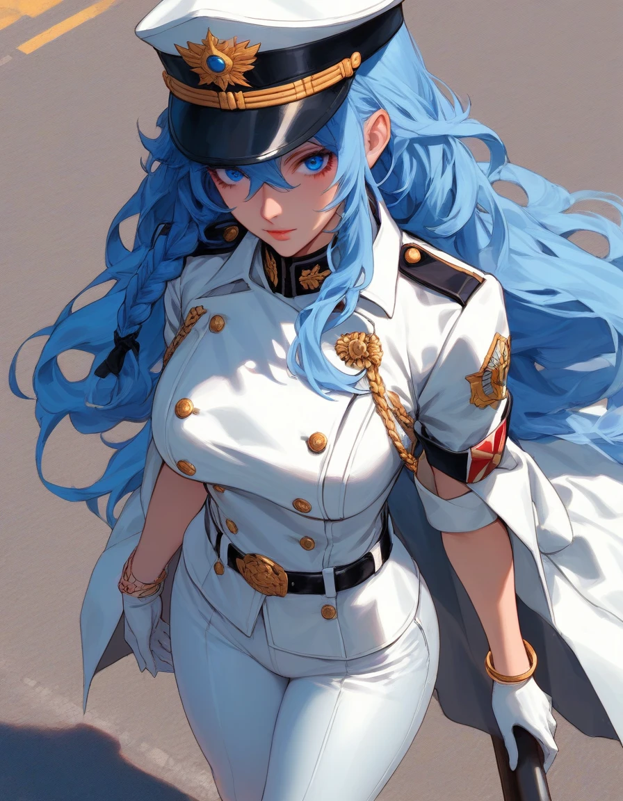 score_9, score_8_above, score_7_above, source_ anime PAUSA 1girl, Alone, blue hair, long hair, Braid, peaked cap, Blue eyes, roads, Military Uniform, white jacket, bracelet, White gloves , belt, white pants, thighs, big breasts