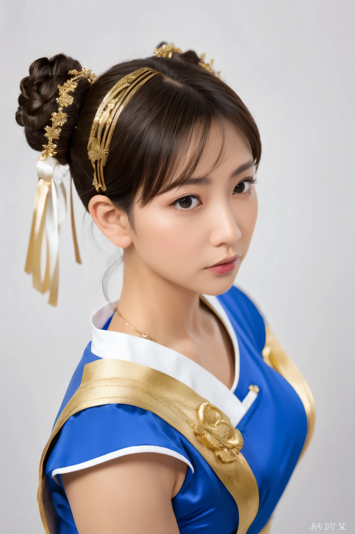 Street Fighter character Chun Li， wearing a classic blue cheongsam STYLE CLOTHING ， white trim and gold embellishment ， high slit design ，The hair is combed into the iconic double ball head and wrapped in a white cloth， with white ribbon hair accessories and spiked bracelet ， The costume has a soft satin luster ，Delicate skin texture， wearing transparent knee-length stockings with shimmer ， elegant and powerful posture ， ultra-fine jewelry ， facial expressions close-up ，Soft Light，(((Half-length portrait, black pantyhose ,fighting stance))) The background is a delicate drapery decoration ， Canon EOS R5 camera ，85mm lens ，Ultra-realistic， PHOTO QUALITY DETAILS --style raw --s 400 --ar 4:3 -- in 6
