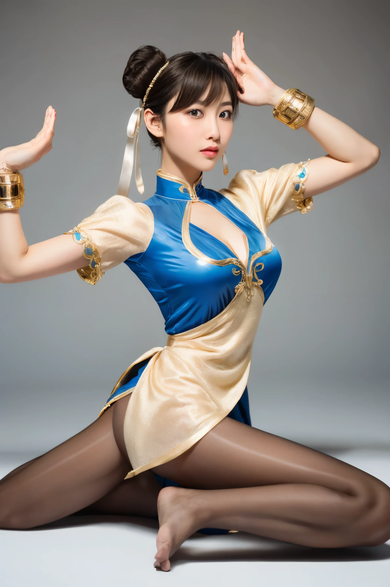 Street Fighter character Chun Li， wearing a classic blue cheongsam STYLE CLOTHING ， white trim and gold embellishment ， high slit design ，The hair is combed into the iconic double ball head and wrapped in a white cloth， with white ribbon hair accessories and spiked bracelet ， The costume has a soft satin luster ，Delicate skin texture， wearing transparent knee-length stockings with shimmer ， elegant and powerful posture ， ultra-fine jewelry ， facial expressions close-up ，Soft Light，(((Half-length portrait, black pantyhose ,fighting stance))) The background is a delicate drapery decoration ， Canon EOS R5 camera ，85mm lens ，Ultra-realistic， PHOTO QUALITY DETAILS --style raw --s 400 --ar 4:3 -- in 6
