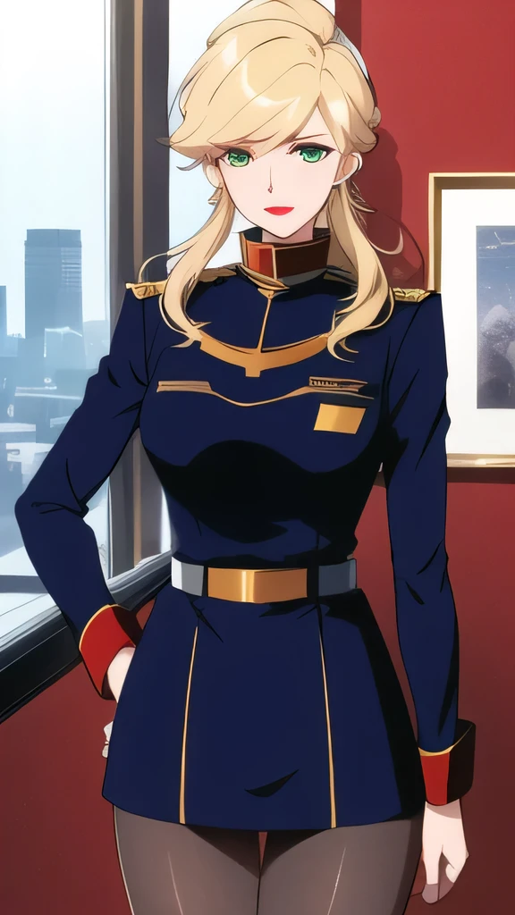 ( knight :1.7), Japan, Tokyo, Cityscape color, In front of the window,
military_uniform,pantyhose, a uniform with gold trims and a collar,shirt,belt,
Gold hair,green eyes ,lipstick, Front hair,hair_           good,
           1 girl, 20 years,Young woman,beautiful Finger,beautiful long legs,Beautiful body,beautiful Nose,beautiful character design, Perfect Eyes, perfect face,           expressive eyes,
 Viewers,
Official Art,           very detailed  CG unity 8k wallpaper,完璧なillumination,colorful, bright_Front_face_illumination,
(masterpiece:1.0),(Highest_quality:1.0), Ultra Kampala              ,4K,           very detailed ,
  Clear piquini pictures  , 8k,  Kampala             ,  Kampala             ,            22 people are ridiculous :1.2,            Kodak portrait 400,            film grain,  Blurred Background , bokeh:1.2,            lens flare           , (Vibrant_color:1.2)
, (beautiful_face:1.5),(narrow_Waist),