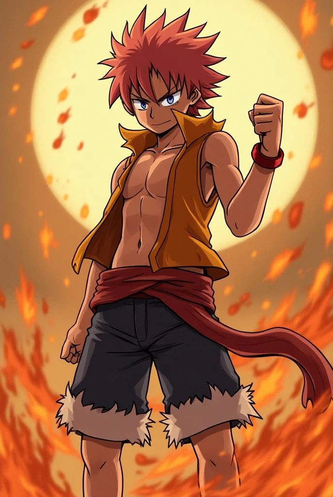 masterpiece, best quality, 1boy, natsu dragneel, scarf, sleeveless, black eyes, fire, arm up, pink hair, ears wolf, tail, red eyes, perfect hands