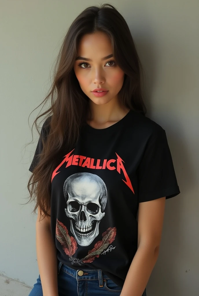 Brunette instagram influencer, wearing a black Guns N Roses T-shirt and pink satin and lace bikini brief bottoms, laying in a king size bed, laying down, ready for bed, cute smile night time, flash lighting