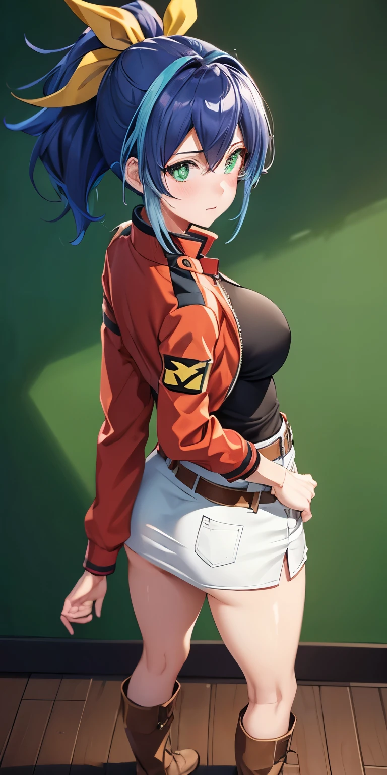 1 Female,High definition,high resolution,Ultra-realistic,8K, aaserena, yellow ponytail, ((multicolored hair)),green eyes, red jacket, black shirt, belt, white skirt, tight skirt, miniskirt ,brown boots, medium breasts,European,sexy,Upper body close-up,Photographed from the front,Dynamic Angles,private teacher,A little sheer underwear,blue underwear,blush, big tits ,(show panties ),(top view),(full body), Multicolored hair ,(from behind )