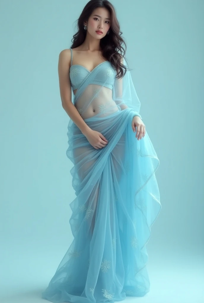 India girl, wearing blue saree, black blouse, both ttransparent, lifting up saree to show thighs