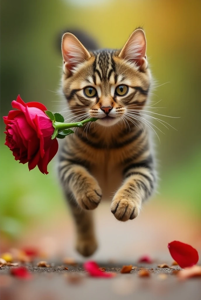 A dynamic scene of a tabby cat running away with a rose in its mouth, showcasing a sense of movement and playfulness, vibrant colors, detailed fur texture, natural setting, soft lighting, capturing the essence of freedom and whimsy.