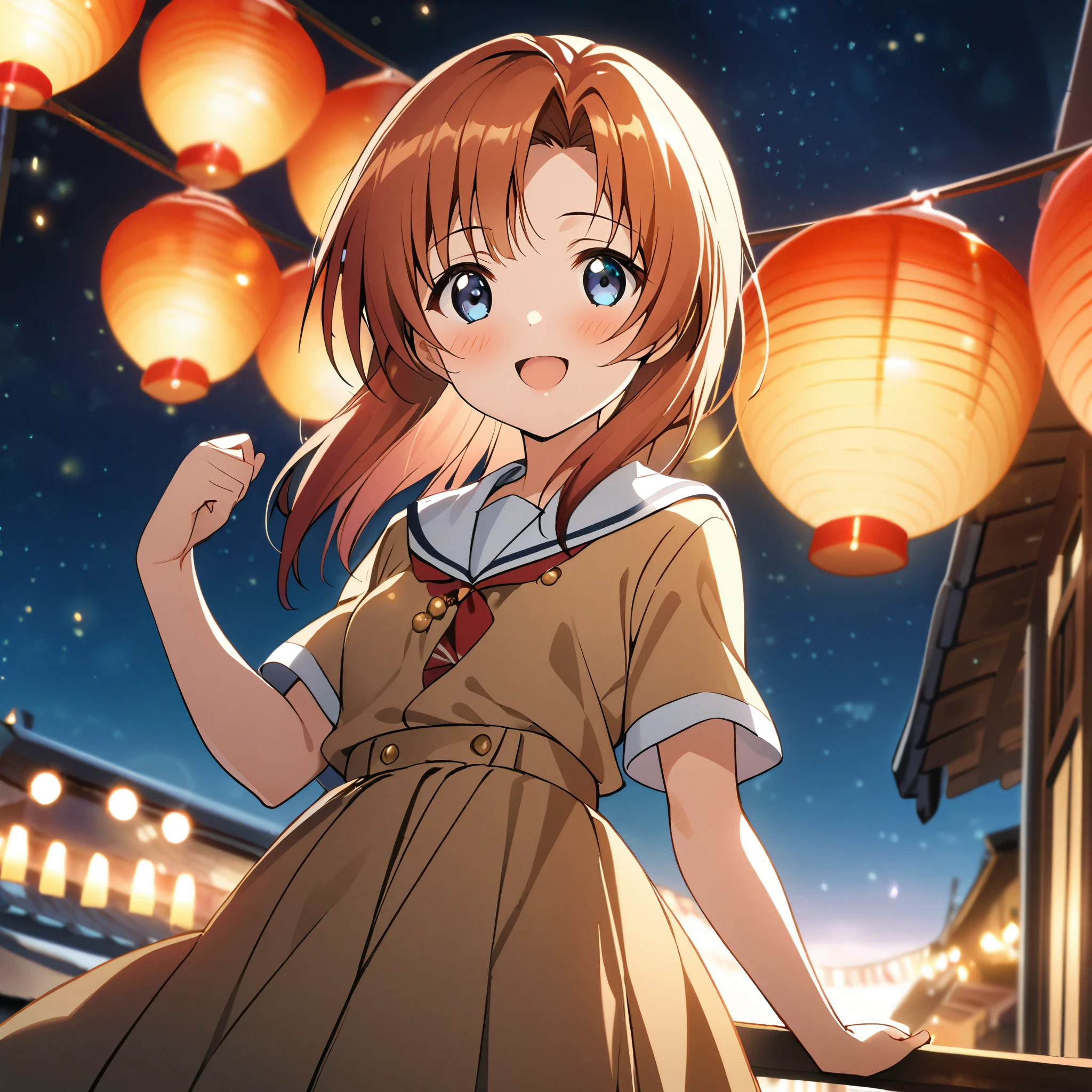 one girl, Ryuuguu_Rena cute, Short Orange hair, blue ocean eyes, open mouth smile, blush,  small breasts , neckline .school uniform clothing,  traditional japanese town, midnight sky, bokeh, red lantern lights, light orbs