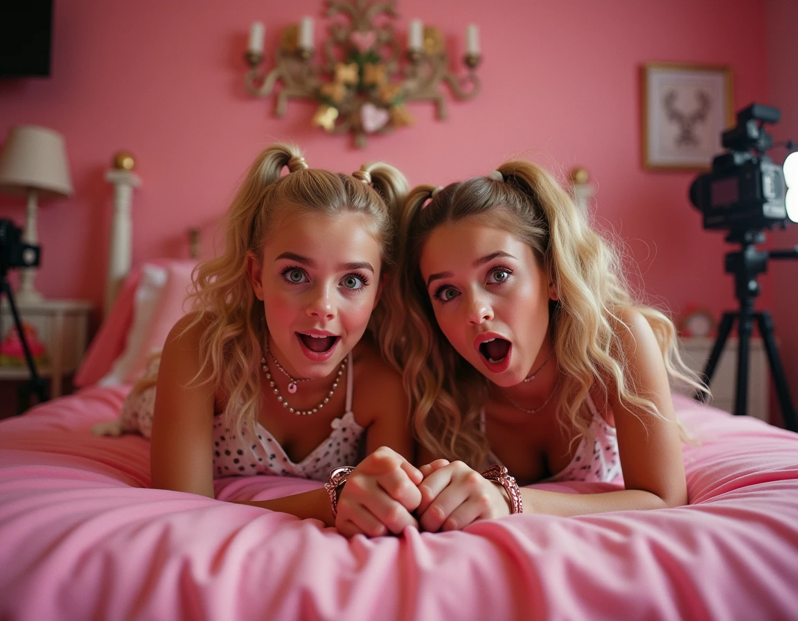 Two blonde girls with pigtails and glasses screaming at each other in their bedroom wearing wet pink pajamas