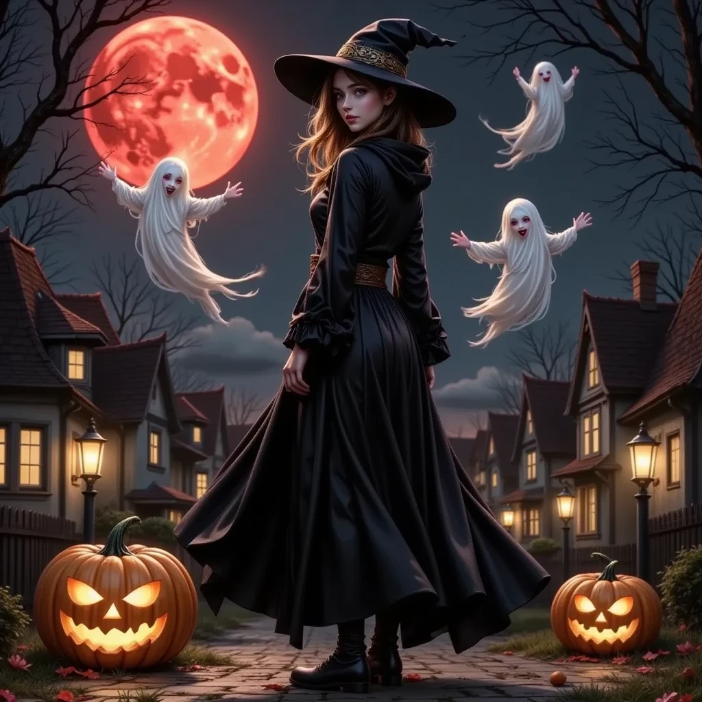 One Witch、 witch hat 、  Halloween  、Illustrated ghosts flying around、 Jack O Lanterns 、Night city seen from the hill、Red Moon、