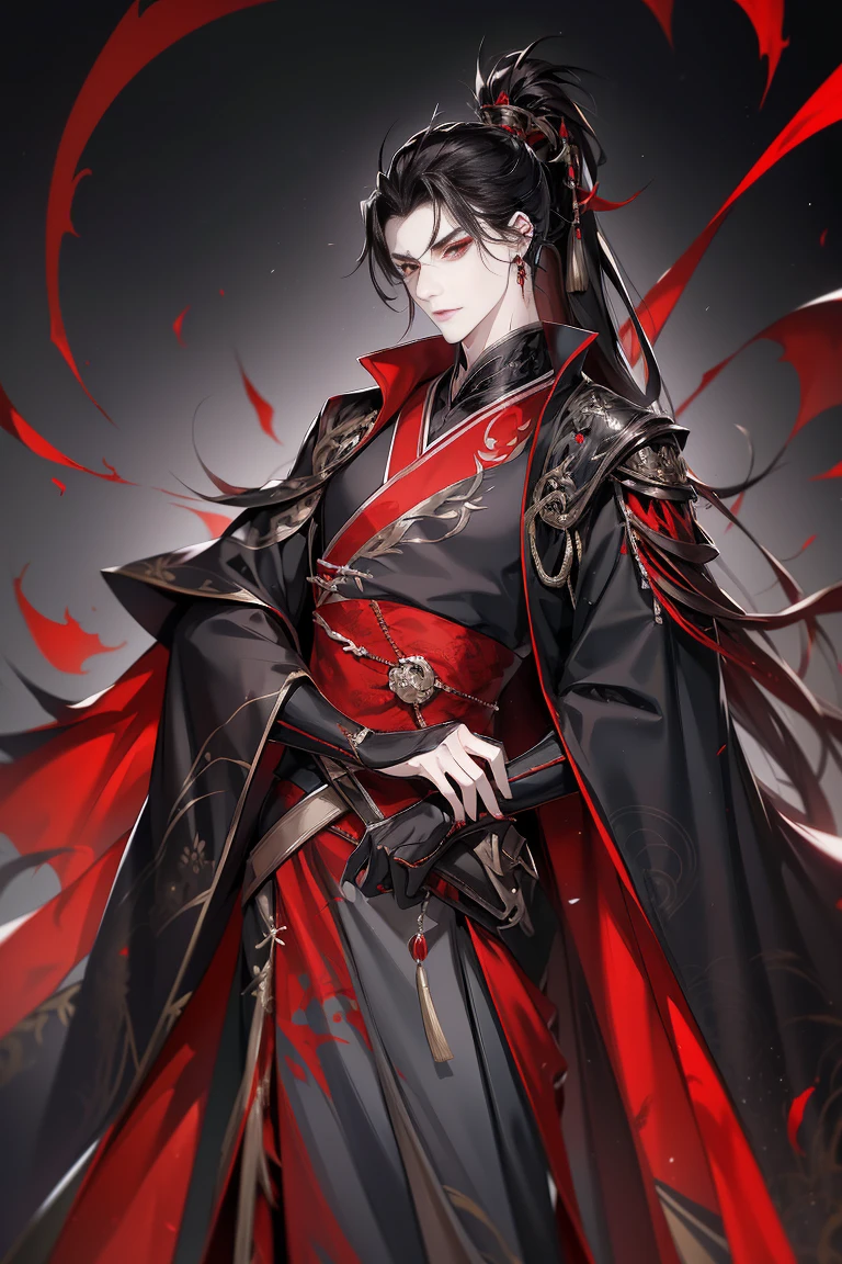 vampire man, Hanfu, Luxurious uniform black clothes，Shoulder blades，goth style（Shooting from front）hold your arm，cabelos preto e longos, red eyes，natta，asian architecture interior，Carved wooden windows，Pink gauze curtain，Best quality，16k,tmasterpiece，