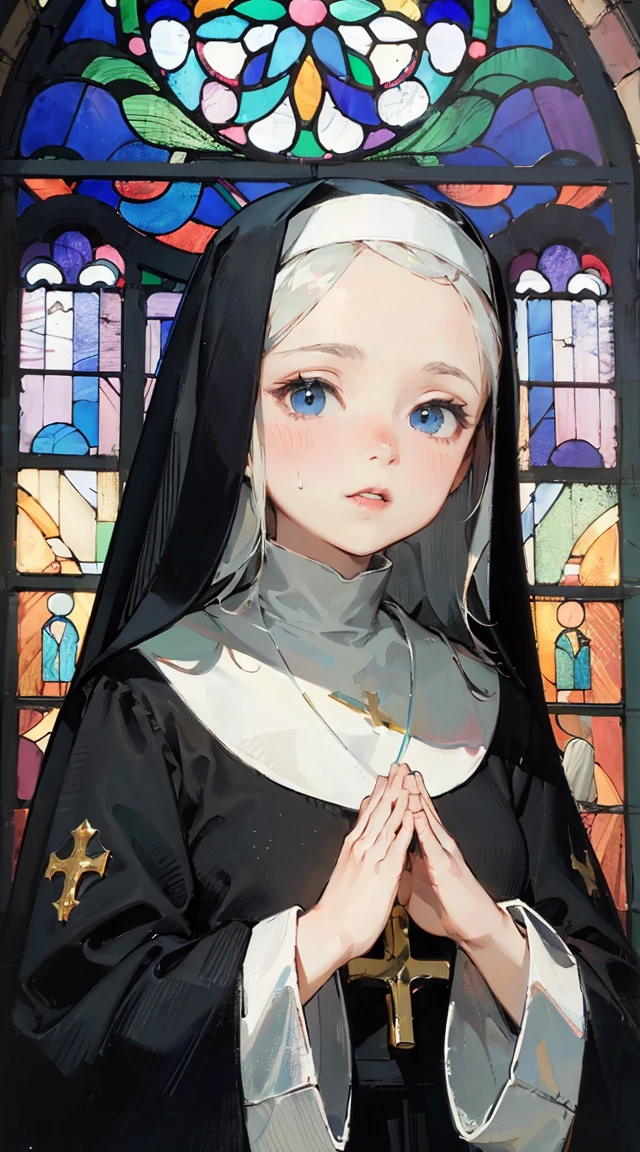 ((1girl,solo)),masterpiece, best quality, portrai,tultra-detail, illustration, close-up,straight shot,((focus on face)),((nun)),white hair,grey eyes,long hair,black clothes,(cross),day,cloud,looking into the distance