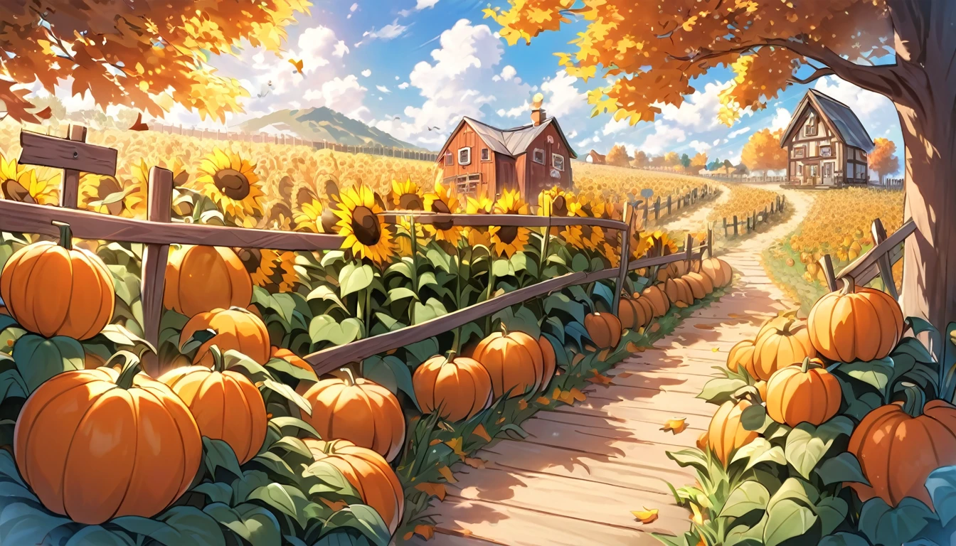 cozy autumn scene in a pumpkin patch on a sunny late afternoon. In one corner, a small, cheerful pumpkin named Pip sits with a playful expression, laughing heartily. Pip's eyes are squinting, his mouth open wide, mid-burp, looking absolutely delighted. Around Pip, a few other pumpkins, each with light, friendly faces, chuckle along with him, adding to the joyous atmosphere. In the background, a rustic wooden fence runs along the edge of the patch, with tall sunflowers standing proudly behind it, adding a bright yellow contrast to the autumnal orange tones. To the left side, a wooden signpost with various arrows points in different directions, and one arrow near Pip reads, “Pip the Pumpkin.” On the opposite side of the patch, another collection of pumpkins sits, balancing the scene. The warm colors of the pumpkins, sunflowers, and leaves, combined with soft shadows from the afternoon light, create a welcoming and playful vibe that captures the spirit of autumn and the lighthearted charm of Pip’s antics.