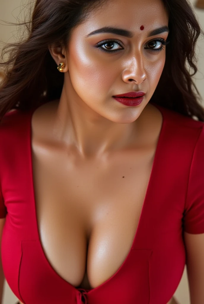 (masterpiece, best quality:1.2), 1girl, solo, huge bust, leaning forward, upper angle capture, looking at viewer, huge cleavage, intricate details, photorealistic, cinematic lighting, dramatic shadows, highly detailed face, glossy skin, flawless complexion, flowing hair, elegant pose