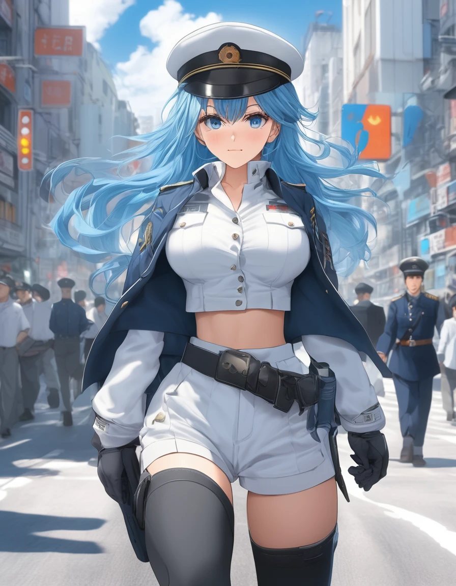 score_9, score_8_above, score_7_above, source_ anime PAUSA 1girl, Alone, blue hair, long hair, Braid, peaked cap, Blue eyes, roads, Military Uniform, white jacket, bracelet, White gloves , belt, white pants, thighs, gigantic breasts, underboobs,