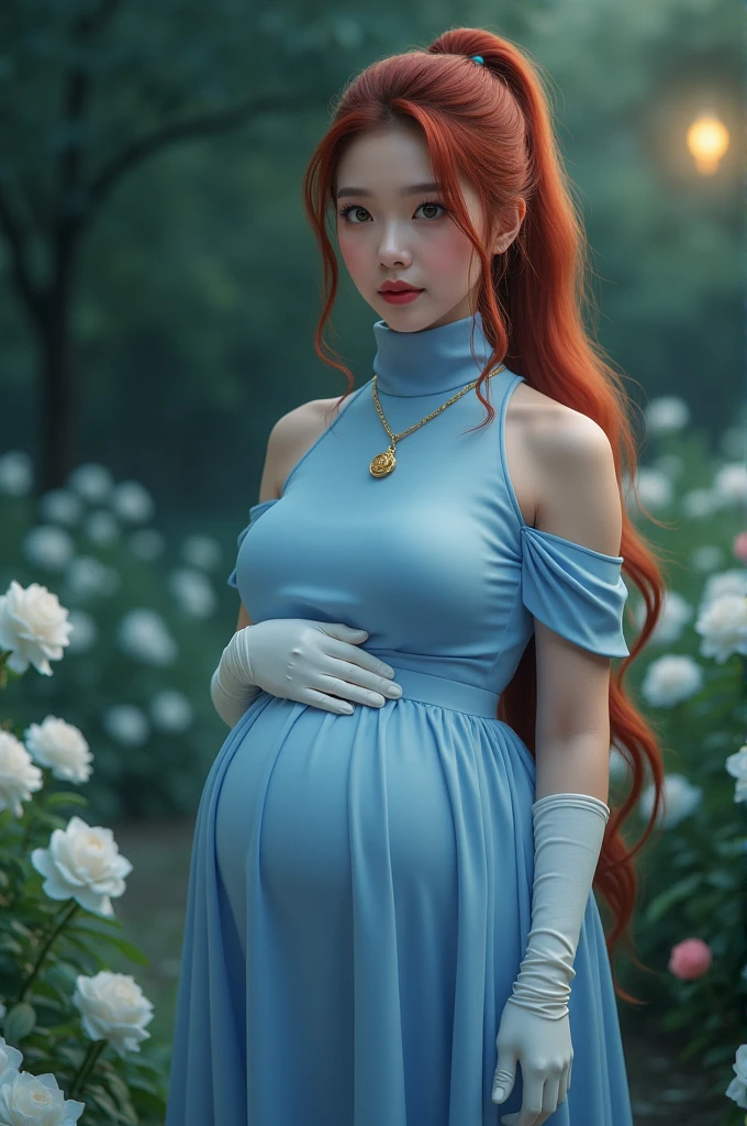 pregnant woman, long orange hair, blackpink Jennie, beautiful Kim Jennie, Caressing her belly in a flowered forest, beautiful lighting, perfectly detailed image, wearing a white dress, orange long hair